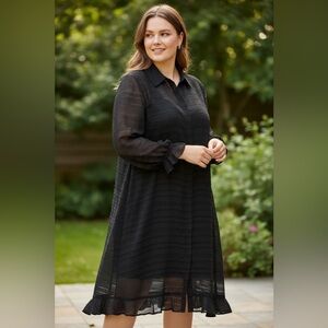 Chico’s 3.5 Black Textured Button Front Midi Dress Sz 3.5 L/XL NWT Ruffle Hem